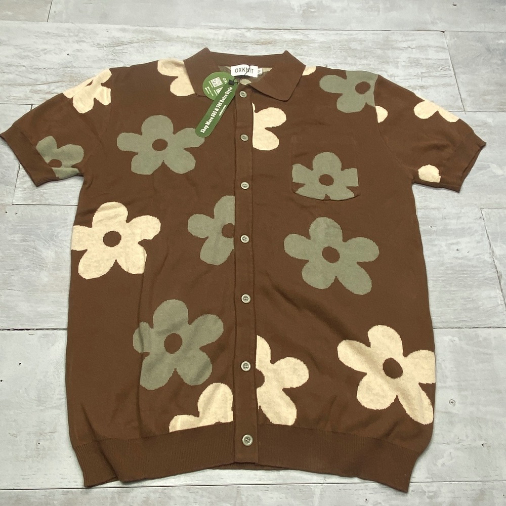 OXKNIT Floral Knit Polo Shirt Mens 2XL Brown Retro 70s Button Up Short Sleeve